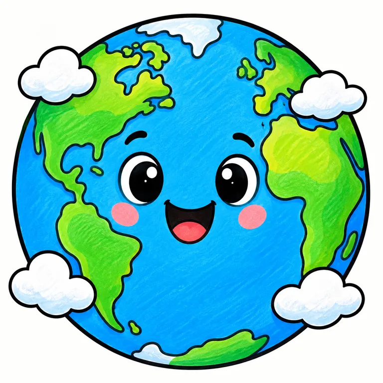 Colored example of a cute Earth globe planet coloring page for kids