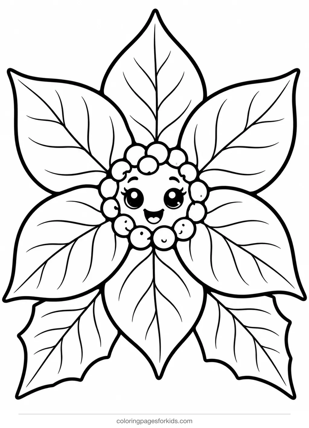 Poinsettia coloring page of one big simple bloom, easy black-and-white printable for ages 3-5
