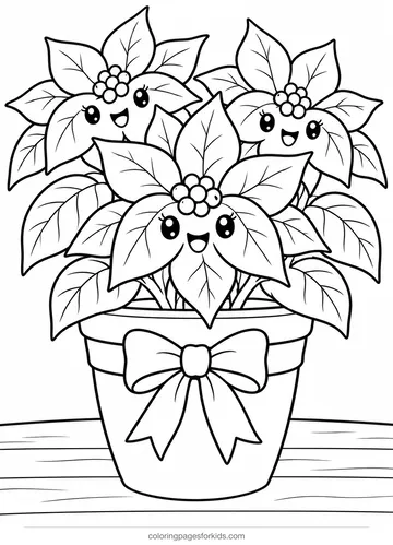 Poinsettia coloring page of a plant in a flower pot, easy printable for ages 3-5