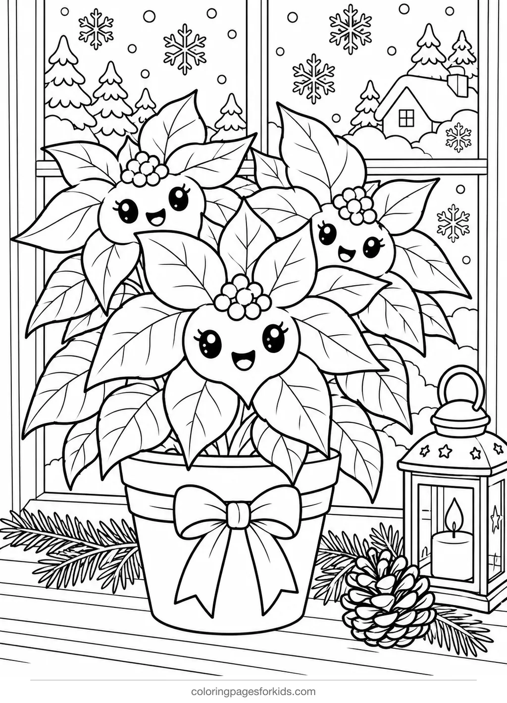 Poinsettia coloring page of a potted plant by a snowy window, medium printable for ages 5-7
