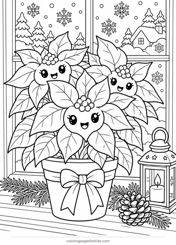 Poinsettia coloring page of a potted plant by a snowy window, medium printable for ages 5-7