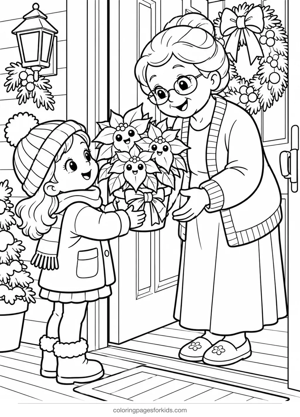 Poinsettia coloring page of a child giving a plant gift, medium printable for ages 5-7
