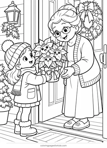Poinsettia coloring page of a child giving a plant gift, medium printable for ages 5-7