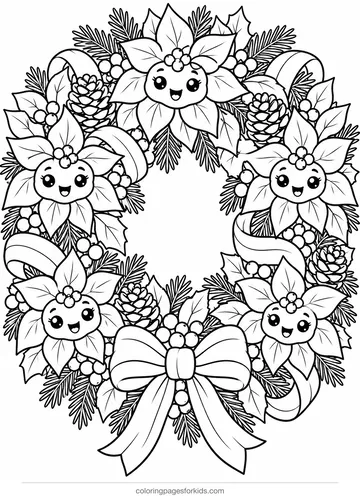 Poinsettia coloring page of a Christmas wreath with pine cones, detailed printable for ages 7-10