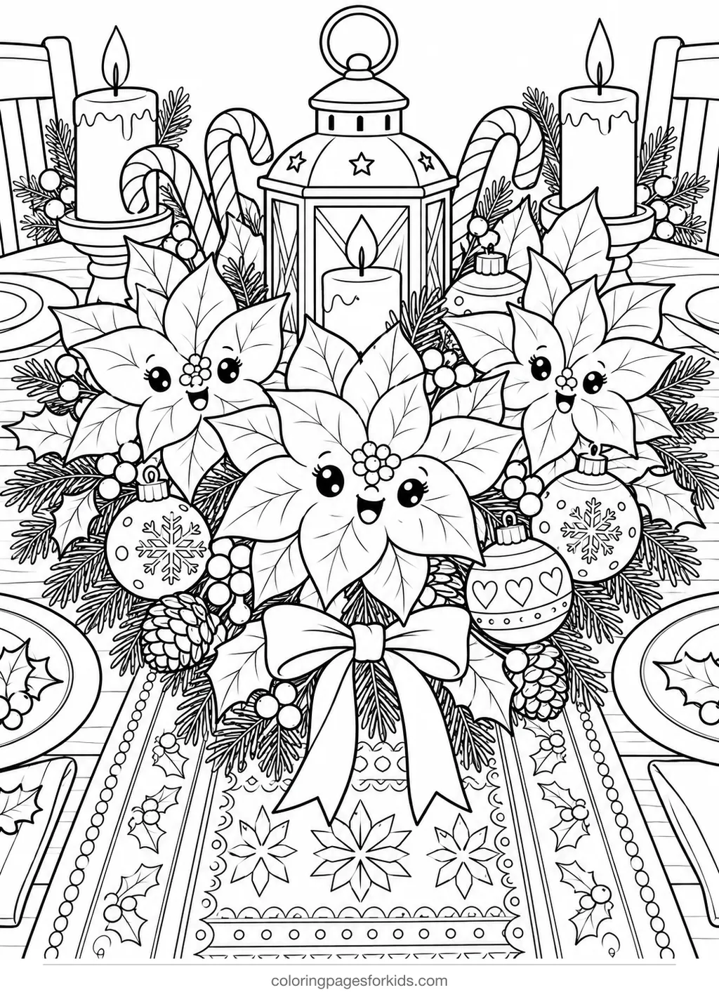 Poinsettia coloring page of a holiday centerpiece, detailed black-and-white printable for ages 7-10
