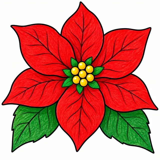 Colored example of a big simple poinsettia flower coloring page for kids