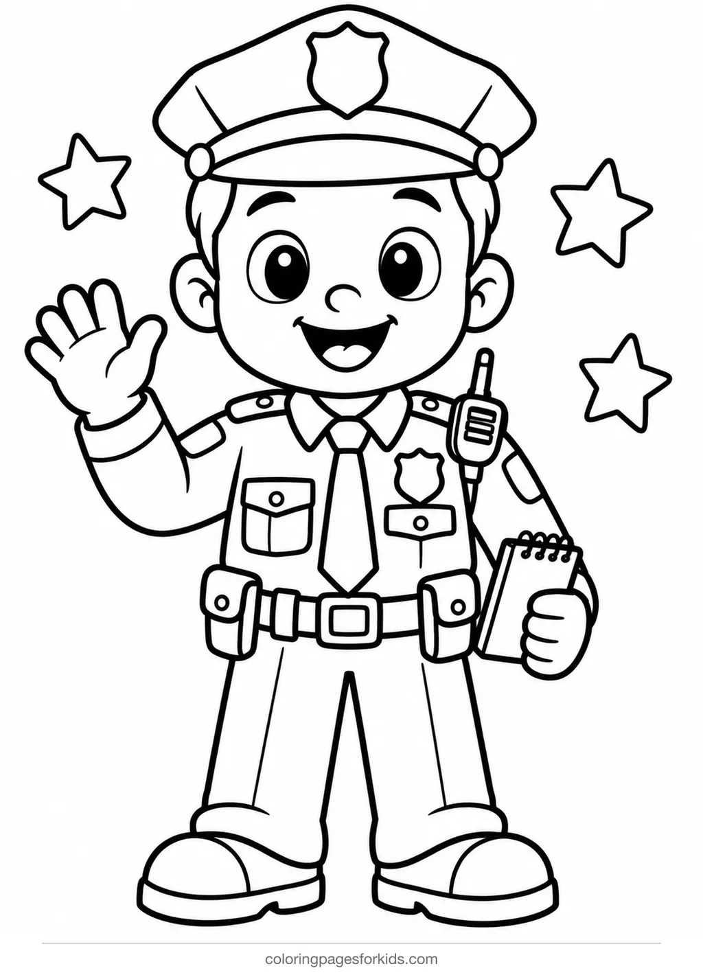Police officer coloring page of a smiling officer waving, easy black-and-white printable for preschoolers