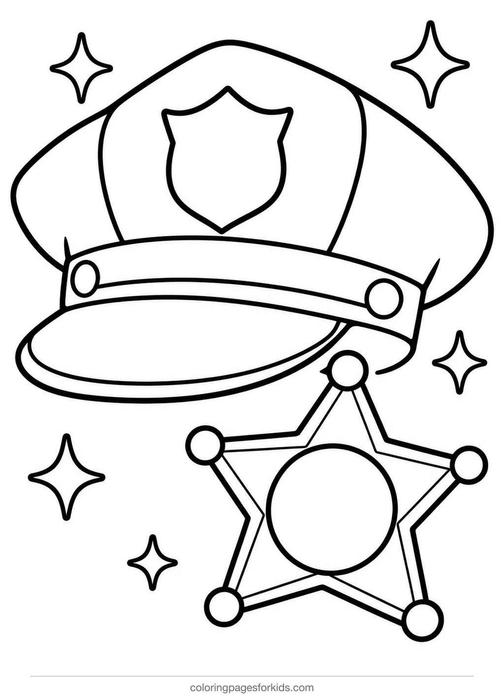 Police officer coloring page of a cap and star badge, easy printable for ages 3-5