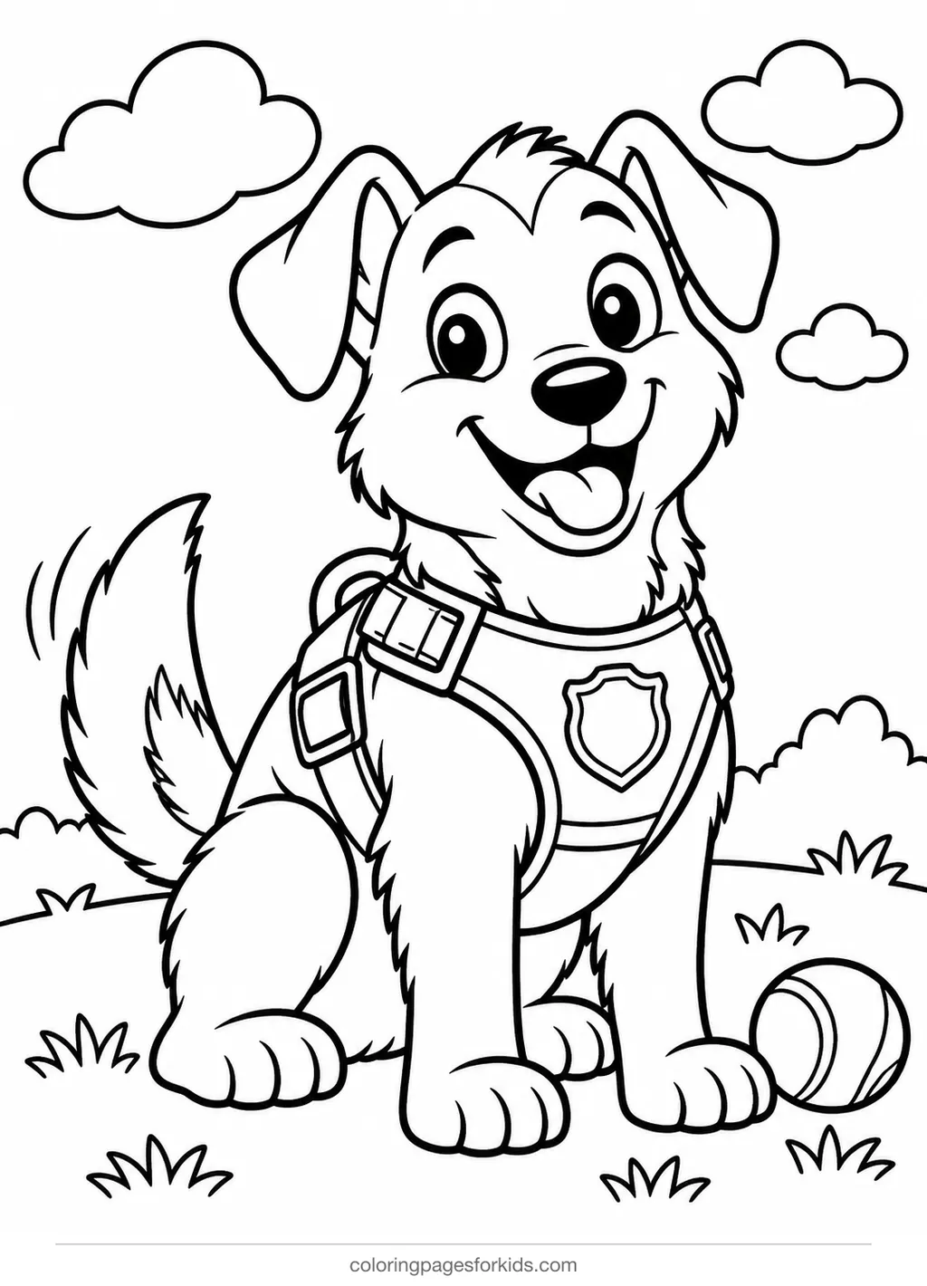 Police dog coloring page of a happy dog in a vest, medium black-and-white printable for ages 5-7