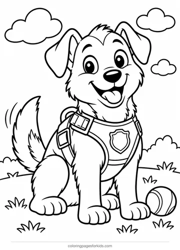 Police dog coloring page of a happy dog in a vest, medium black-and-white printable for ages 5-7