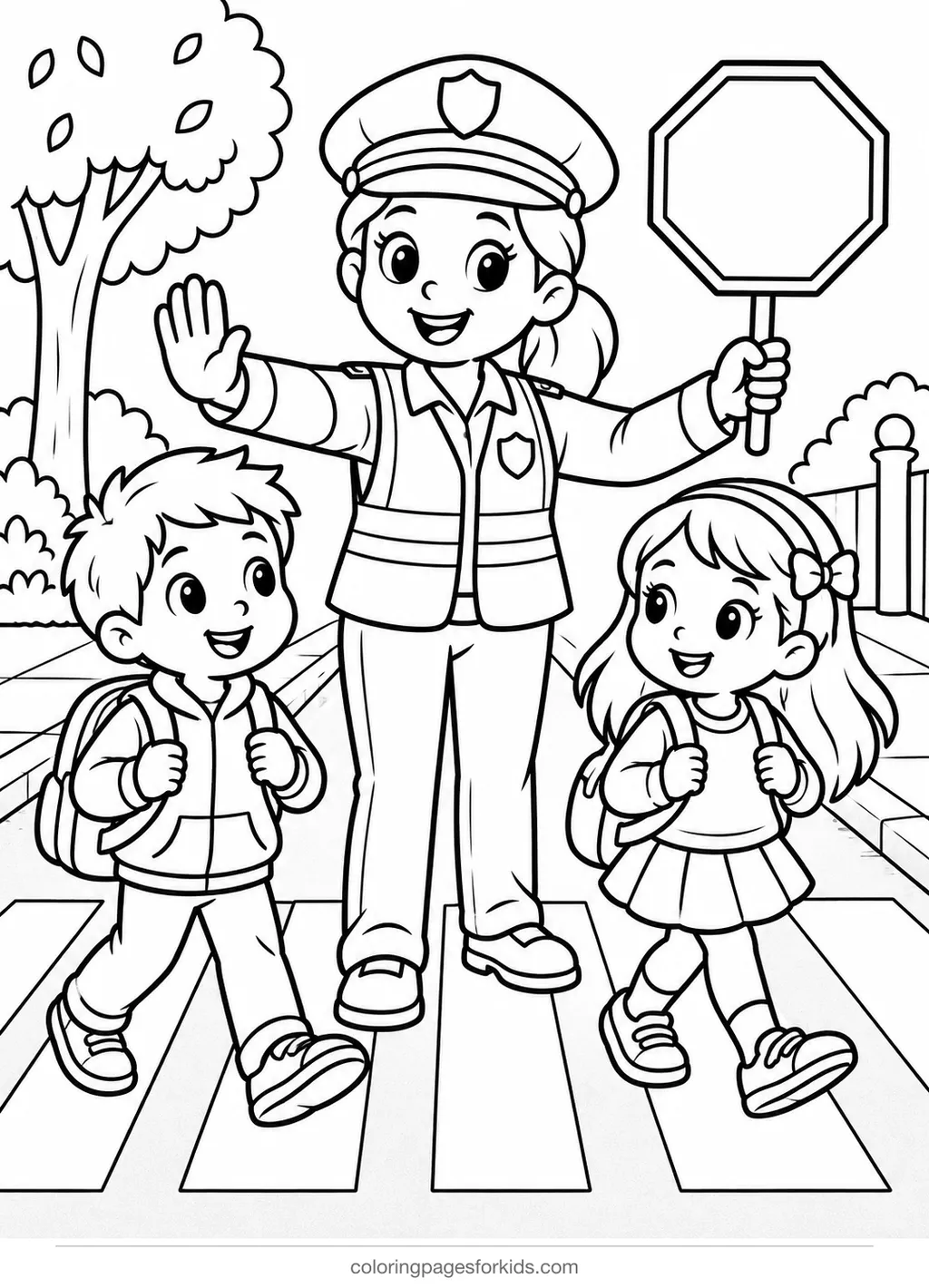 Police officer coloring page of a crossing guard helping kids cross, medium printable for ages 5-7