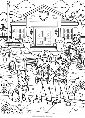 Police officer coloring page of a station with car and bike patrol, detailed printable for ages 7-10