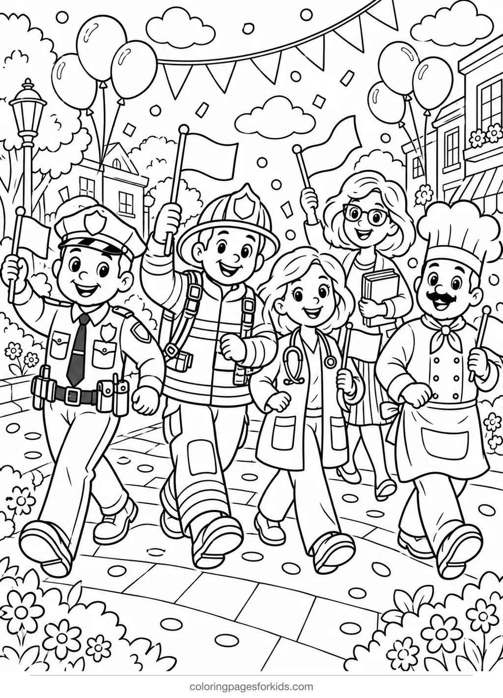 Community helpers coloring page with police officer and helpers parade, detailed printable for ages 7-10