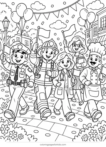 Community helpers coloring page with police officer and helpers parade, detailed printable for ages 7-10