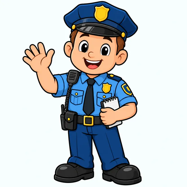 Colored example of a friendly cartoon police officer waving for kids