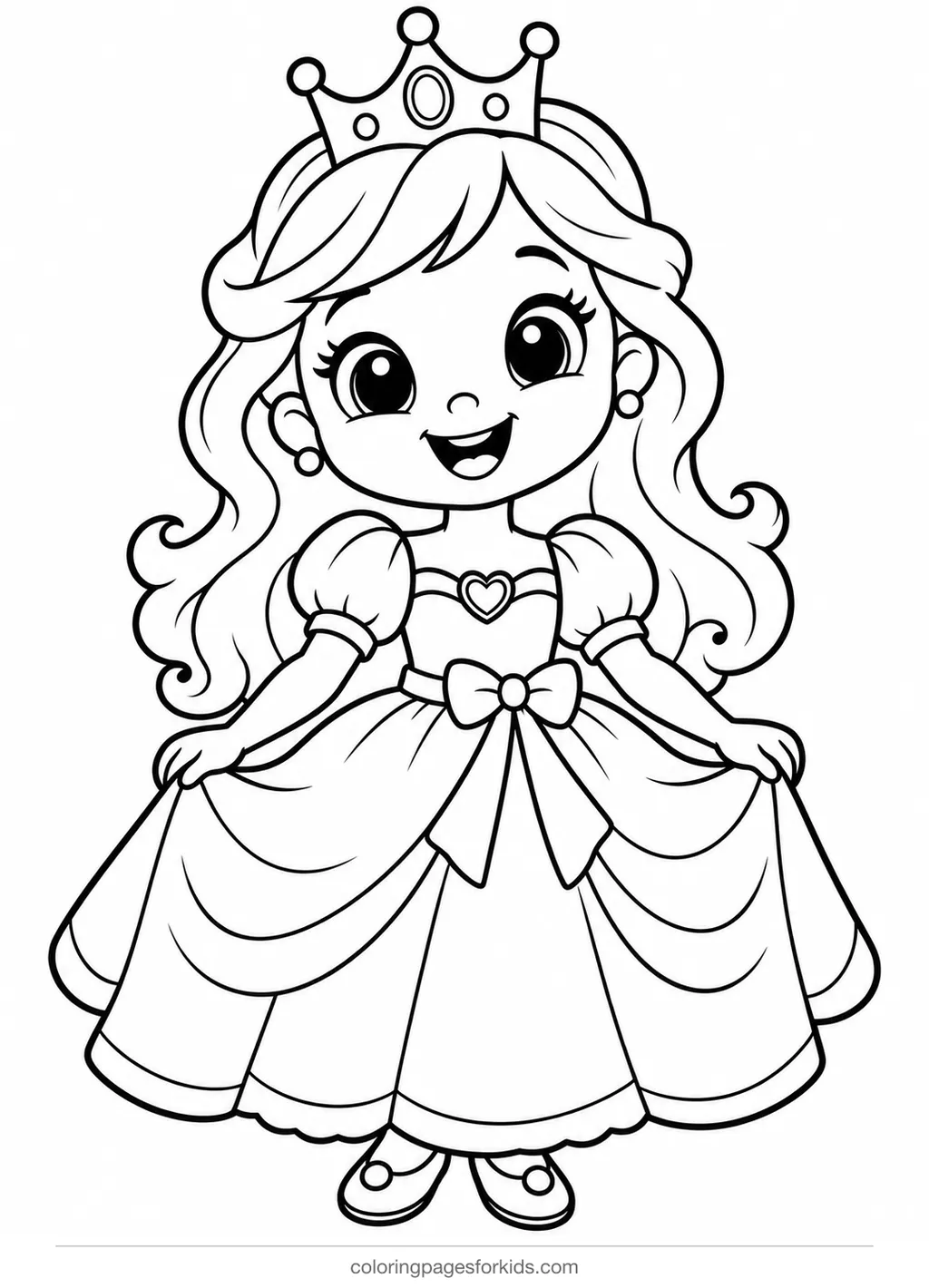 Princess coloring page of a smiling little princess with a crown, easy printable for ages 3-5