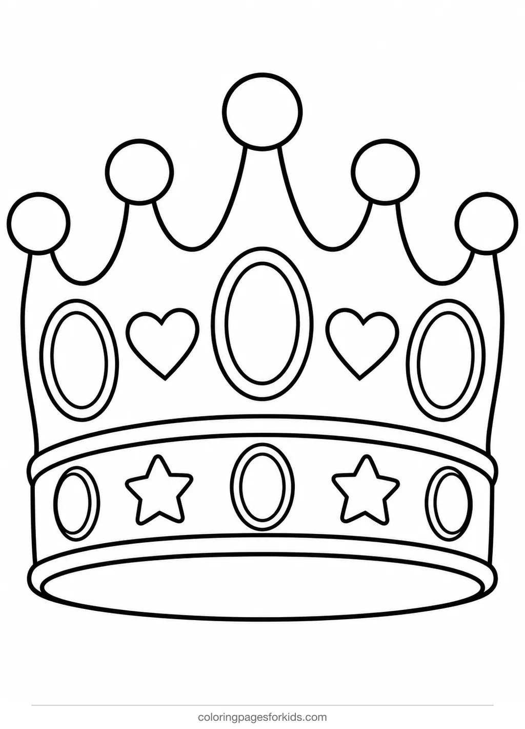Princess coloring page of a large crown template with gems, easy printable for ages 3-5
