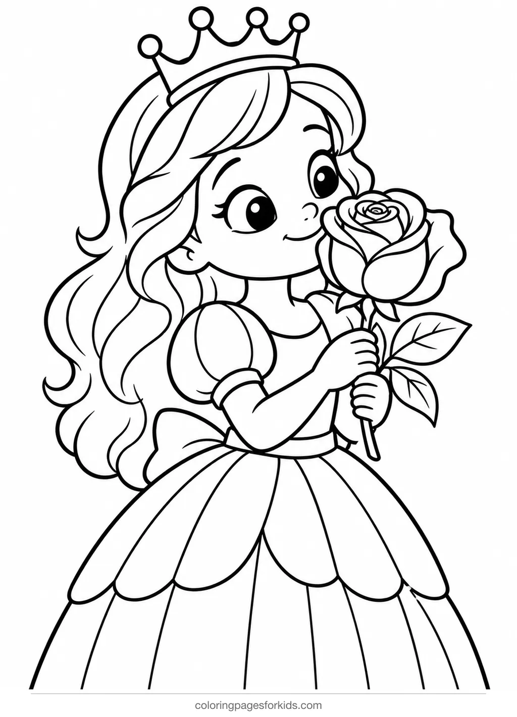 Princess coloring page of a princess holding a big rose, easy printable for ages 3-5