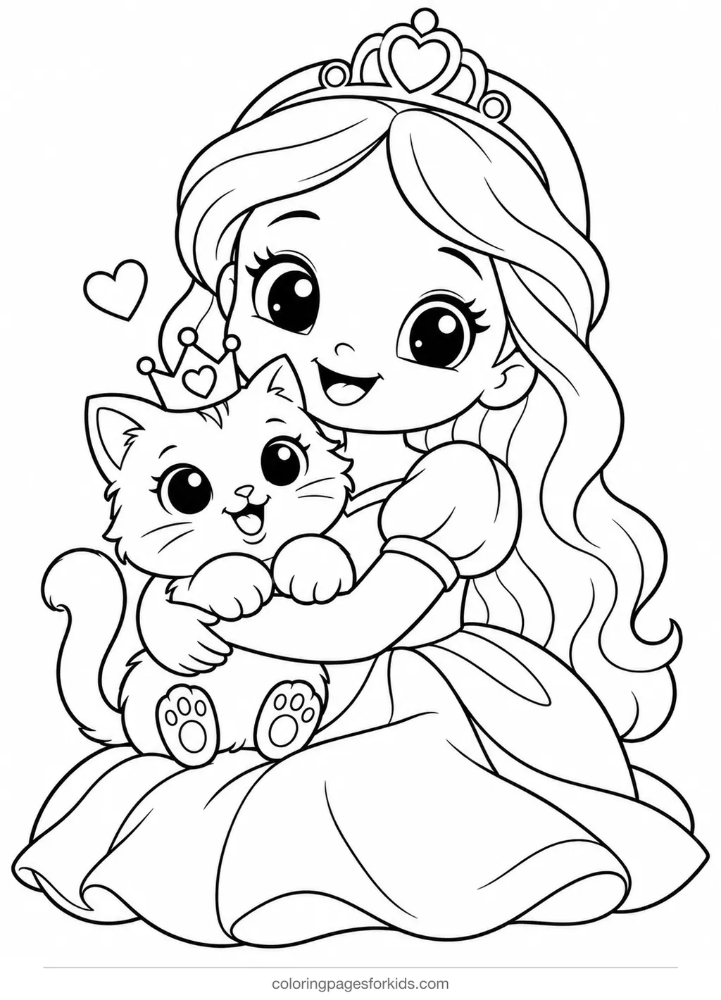Princess coloring page of a princess hugging a kitten, easy printable for ages 3-5