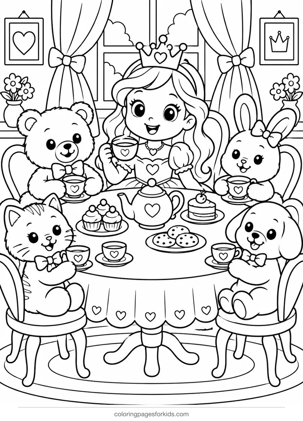 Princess coloring page of a tea party with stuffed animals, medium printable for ages 5-7