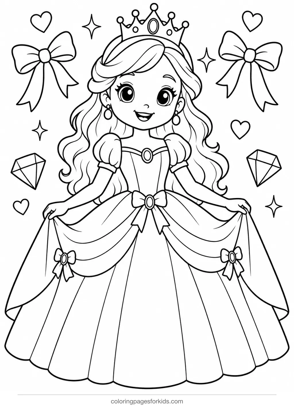 Princess coloring page of a blank gown to decorate, medium printable for ages 5-7