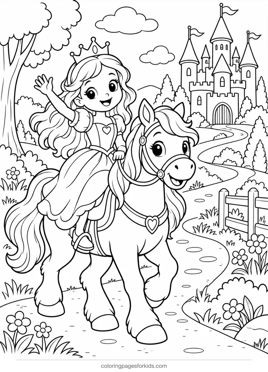 Princess coloring page of a princess riding a pony to a castle, medium printable for ages 5-7