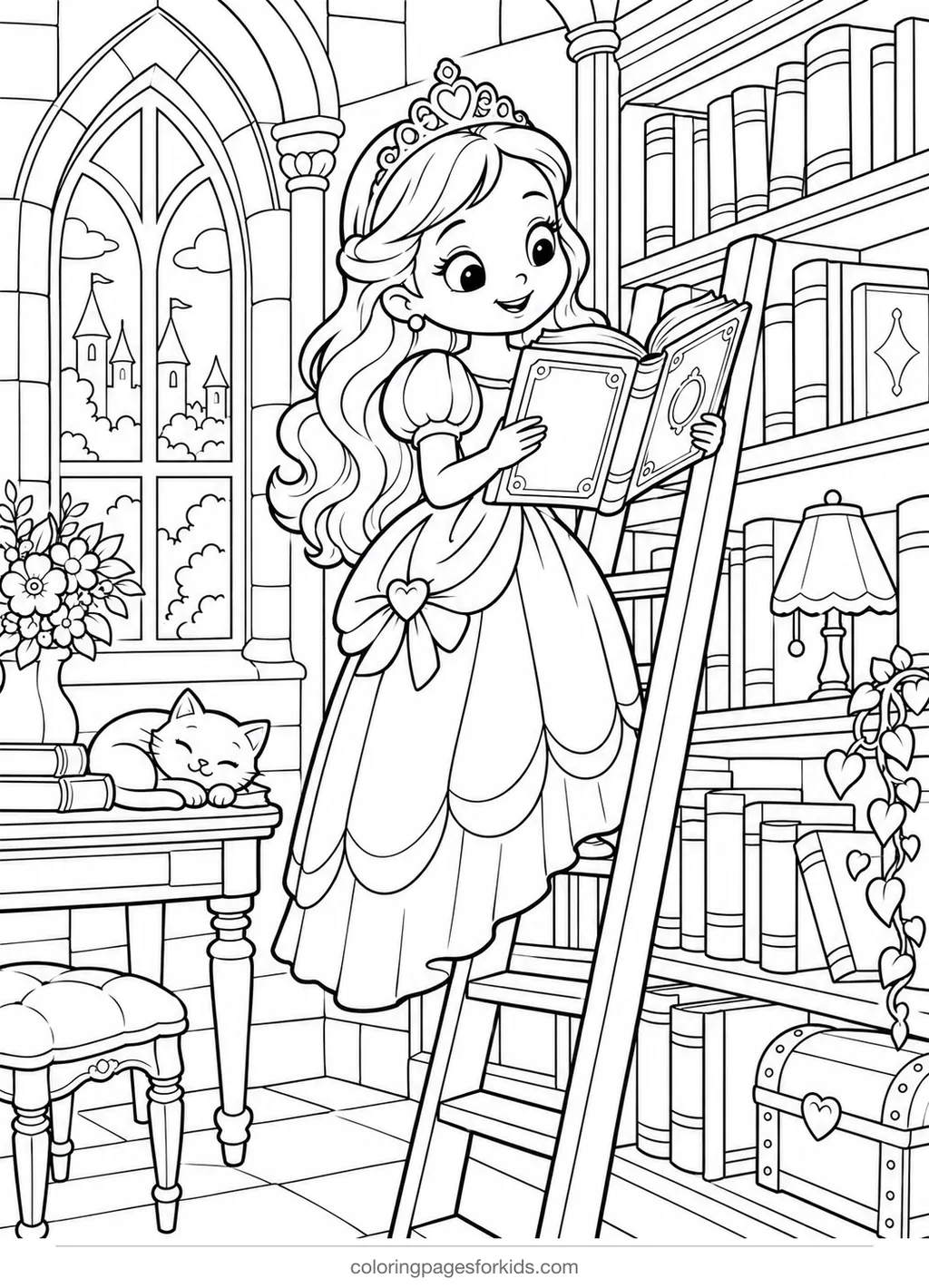 Princess coloring page of a princess reading in a castle library, medium printable for ages 5-7