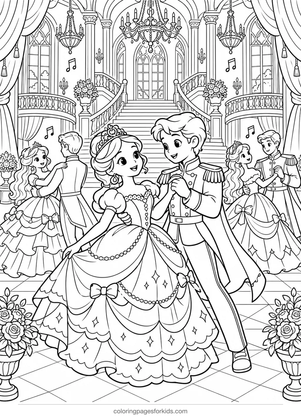 Princess coloring page of a royal ball with dancers, detailed printable for ages 7-10