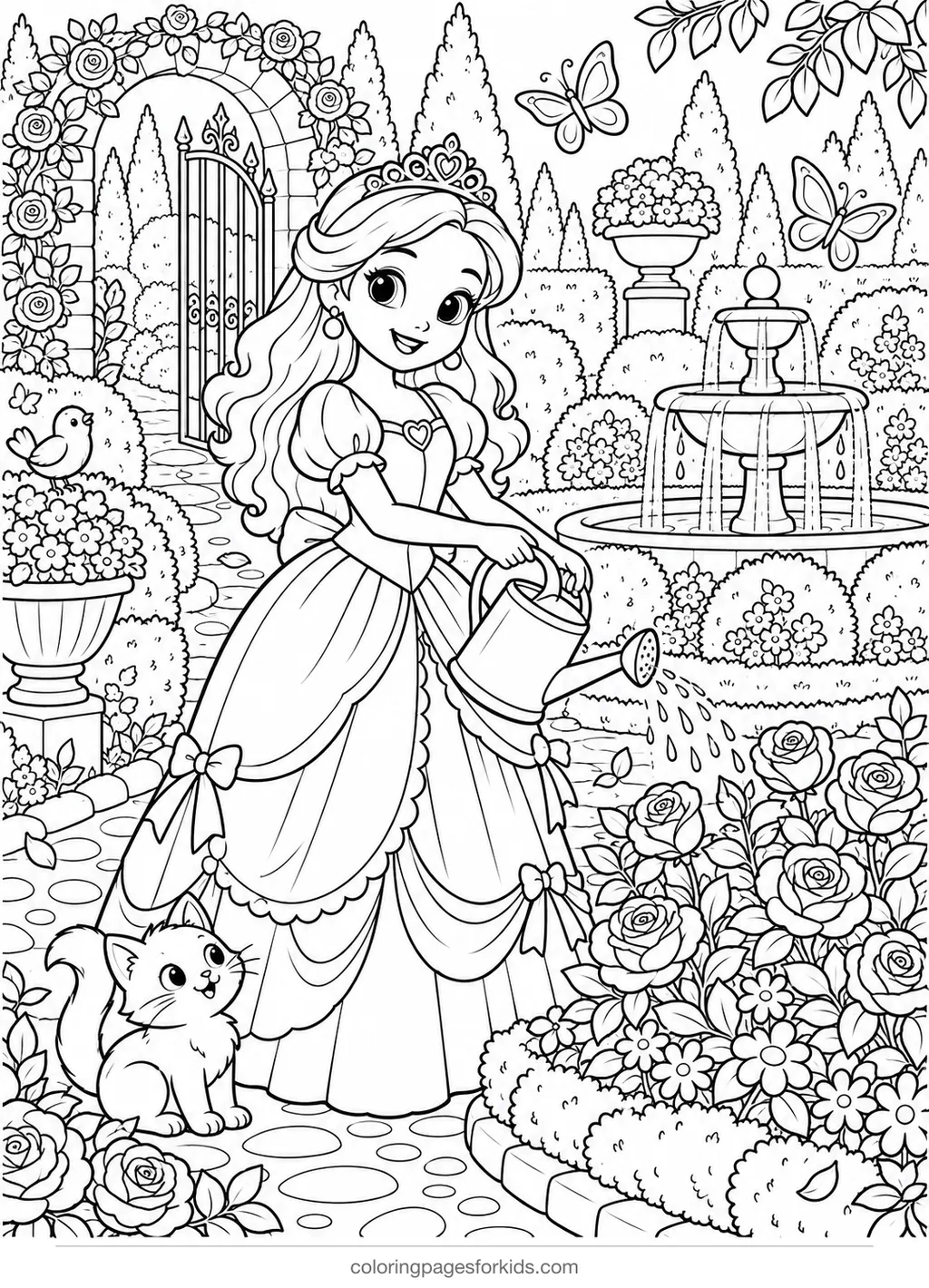 Princess coloring page of a garden fountain with roses, detailed printable for ages 7-10