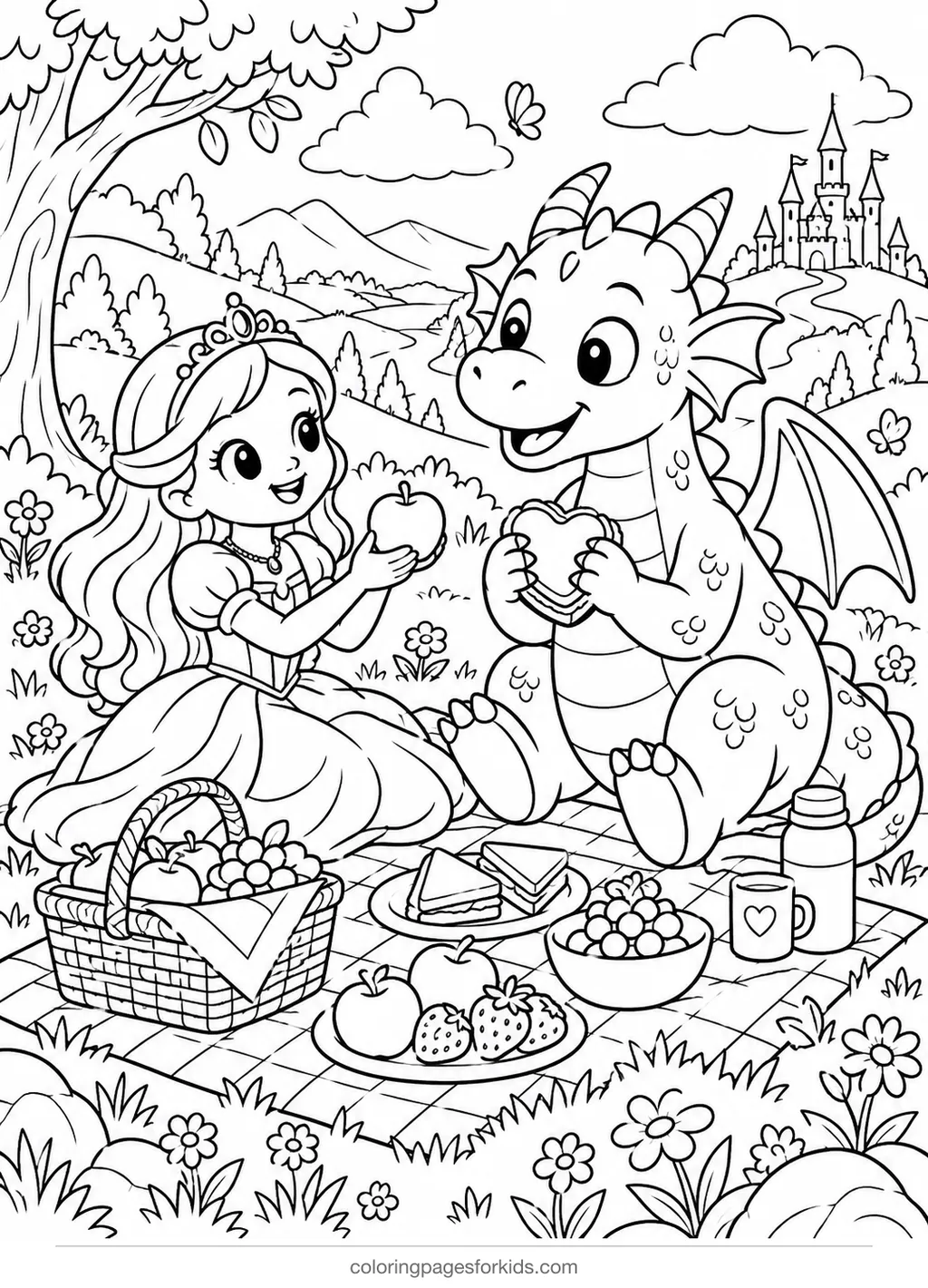 Princess coloring page of a picnic with a friendly dragon, detailed printable for ages 7-10