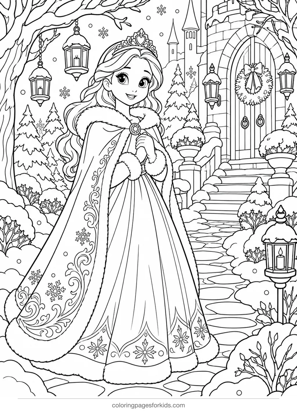Princess coloring page of an original winter princess in a snowy garden, detailed printable for ages 7-10