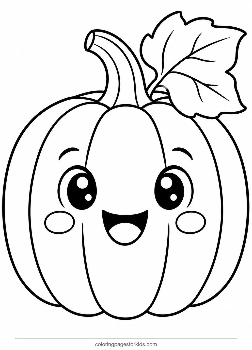 Pumpkin coloring page of one large pumpkin with stem and leaf, easy black-and-white printable for ages 3-5