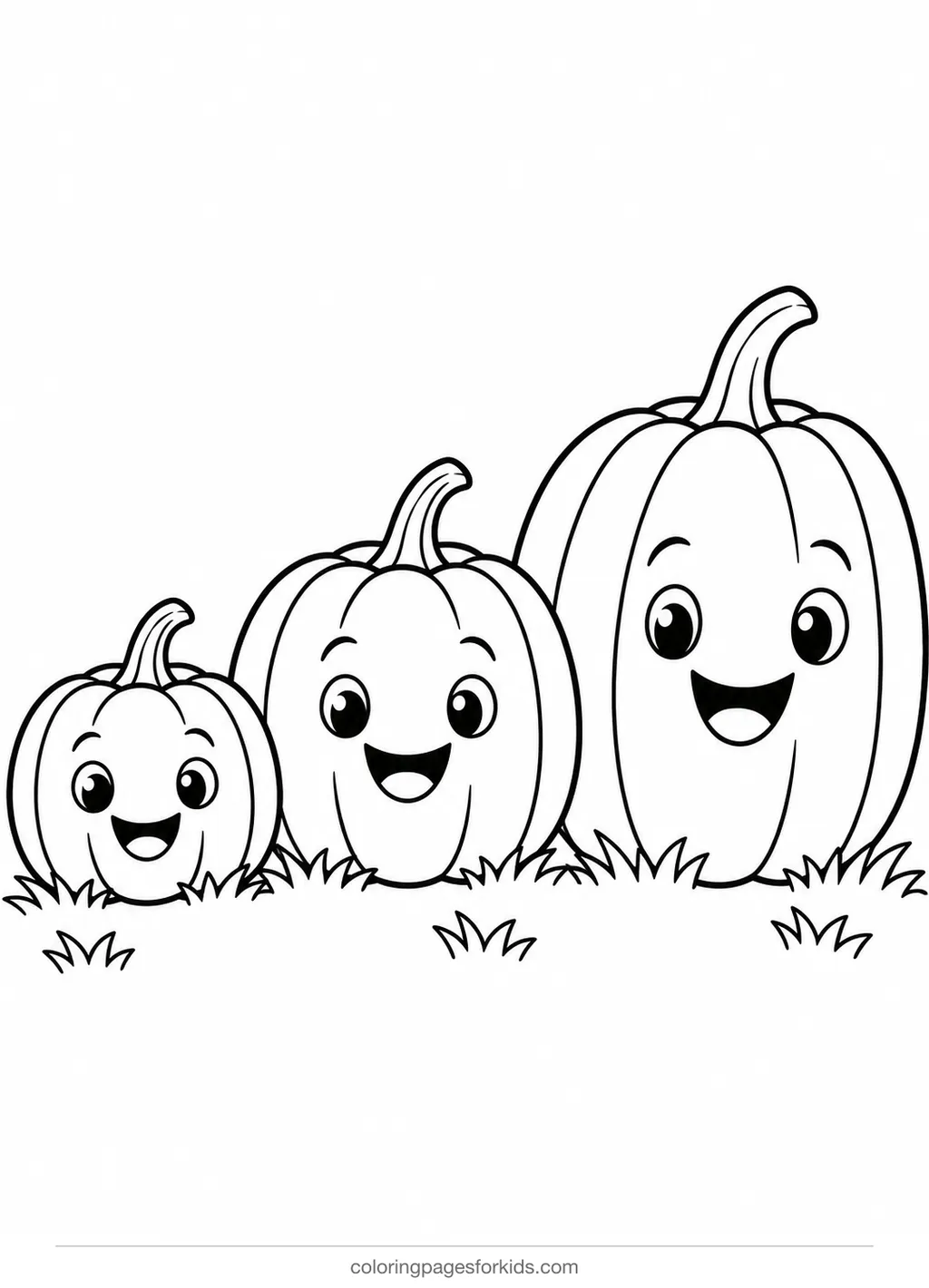 Pumpkin coloring page of three pumpkins in different sizes, easy black-and-white printable for ages 3-5