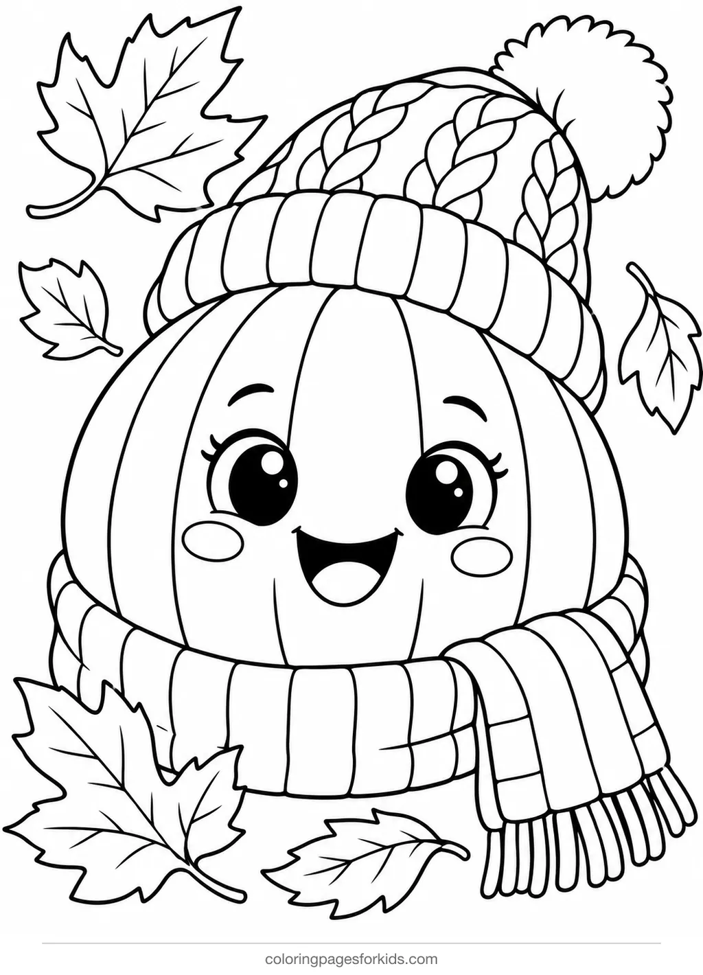 Pumpkin coloring page of a smiling pumpkin in a hat and scarf, easy black-and-white printable for ages 3-5