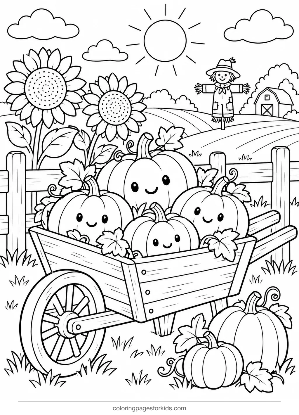 Pumpkin coloring page of a wheelbarrow in a pumpkin patch, medium black-and-white printable for ages 5-7
