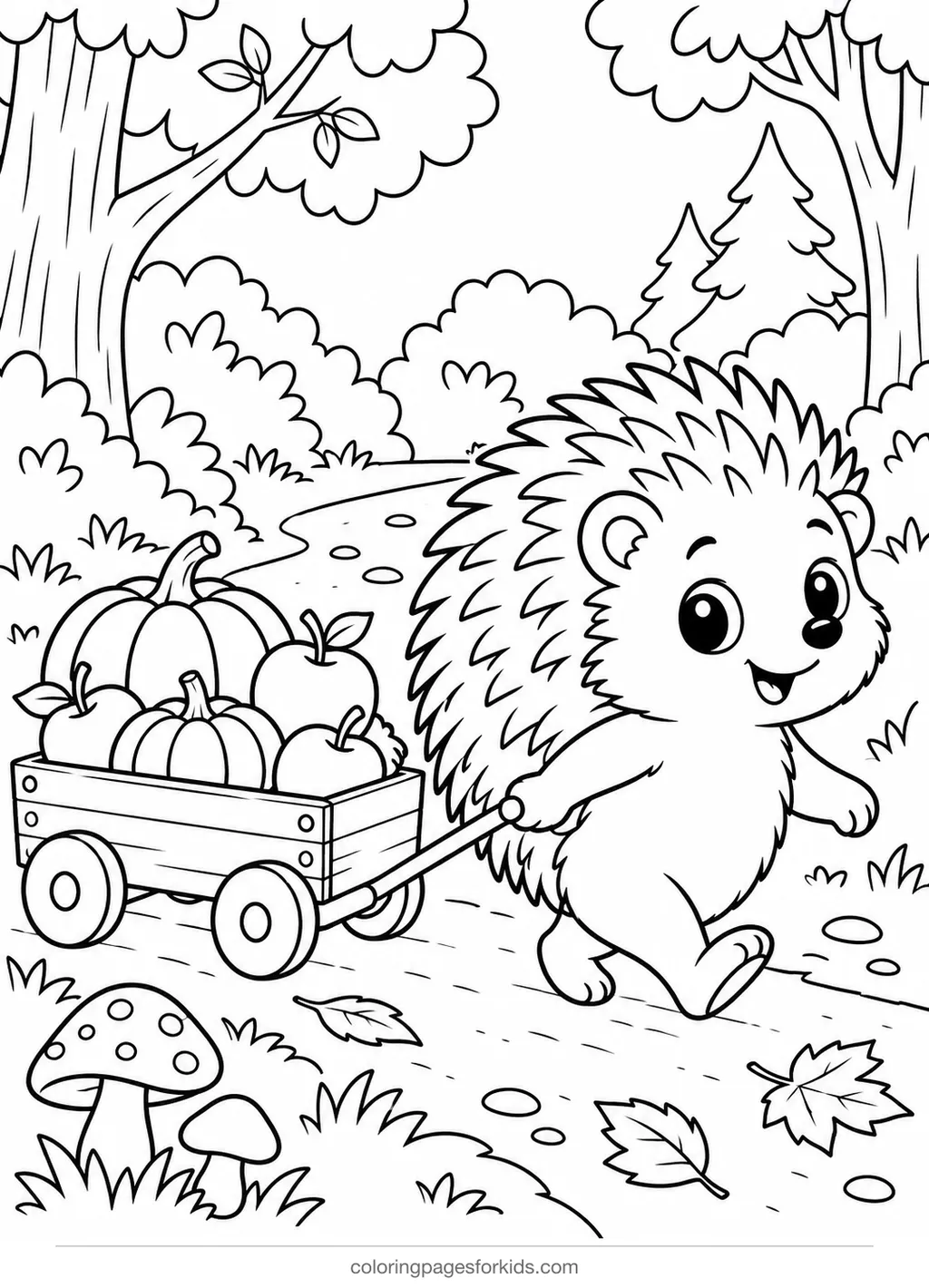 Pumpkin coloring page of a hedgehog pulling a wagon, medium black-and-white printable for ages 5-7