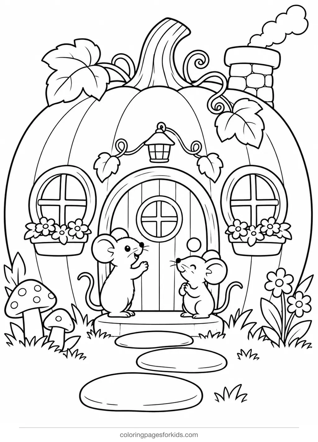 Pumpkin coloring page of a pumpkin mouse house, medium black-and-white printable for ages 5-7