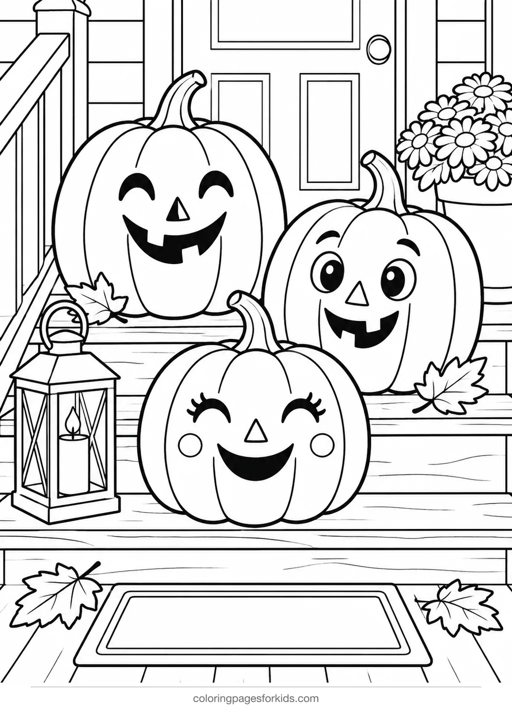 Pumpkin coloring page of friendly porch jack-o'-lanterns, medium black-and-white printable for ages 5-7