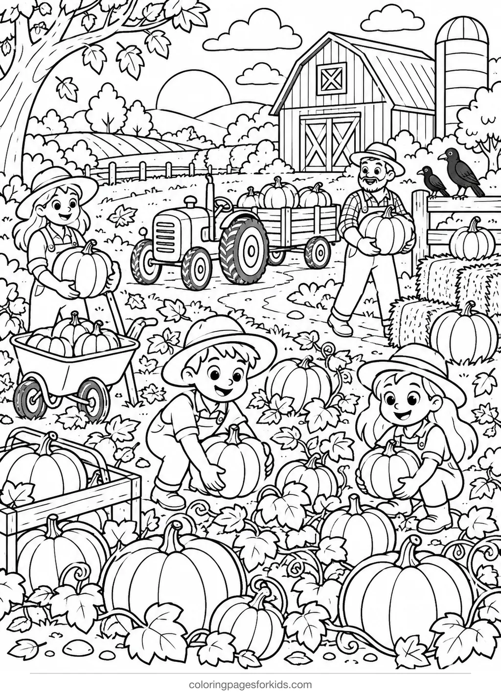 Pumpkin coloring page of a detailed harvest farm, detailed black-and-white printable for ages 7-10