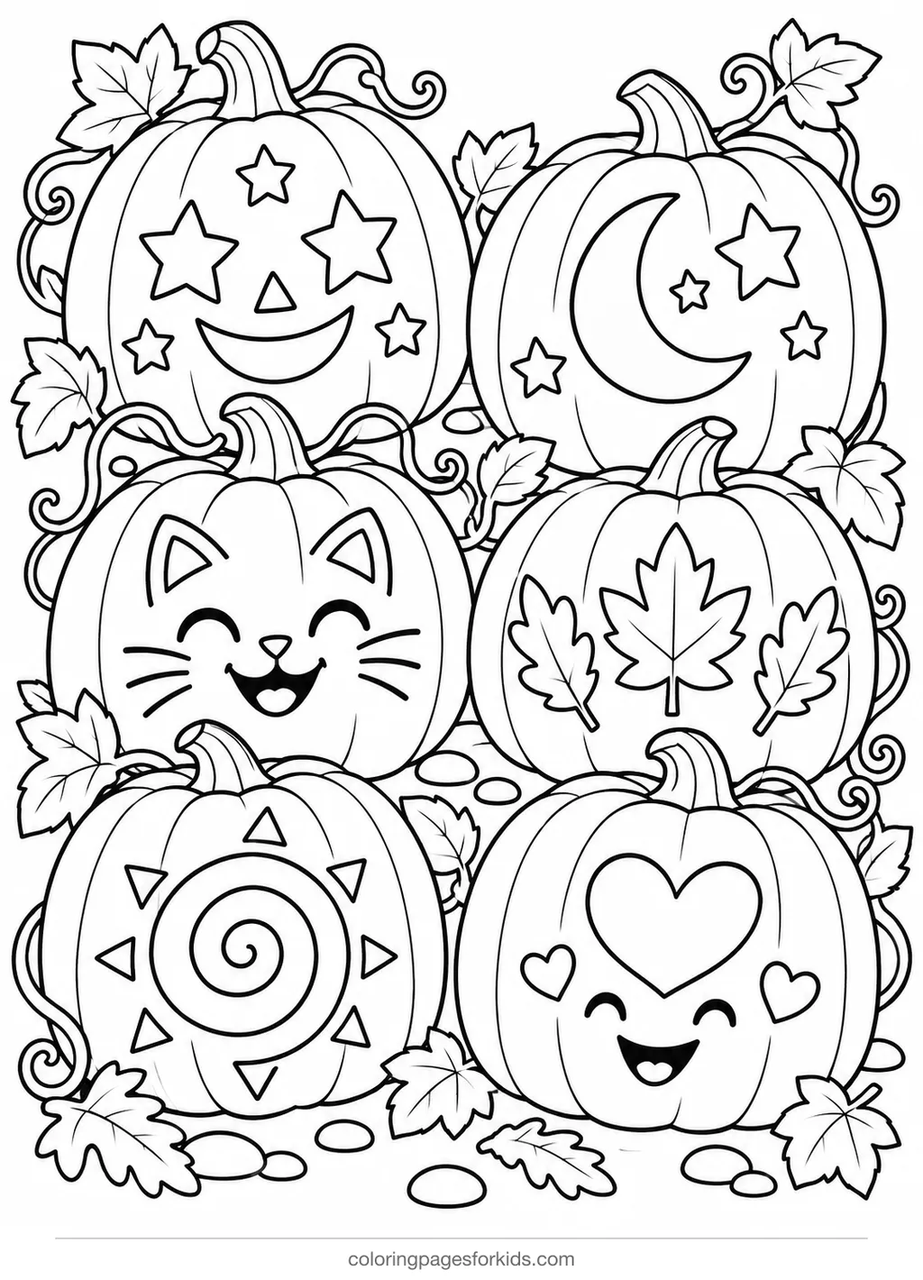 Pumpkin coloring page of six carved pumpkin patterns, detailed black-and-white printable for ages 7-10