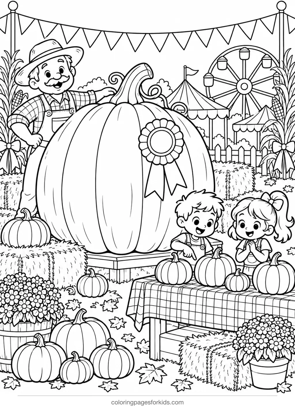 Pumpkin coloring page of a giant pumpkin contest, detailed black-and-white printable for ages 7-10