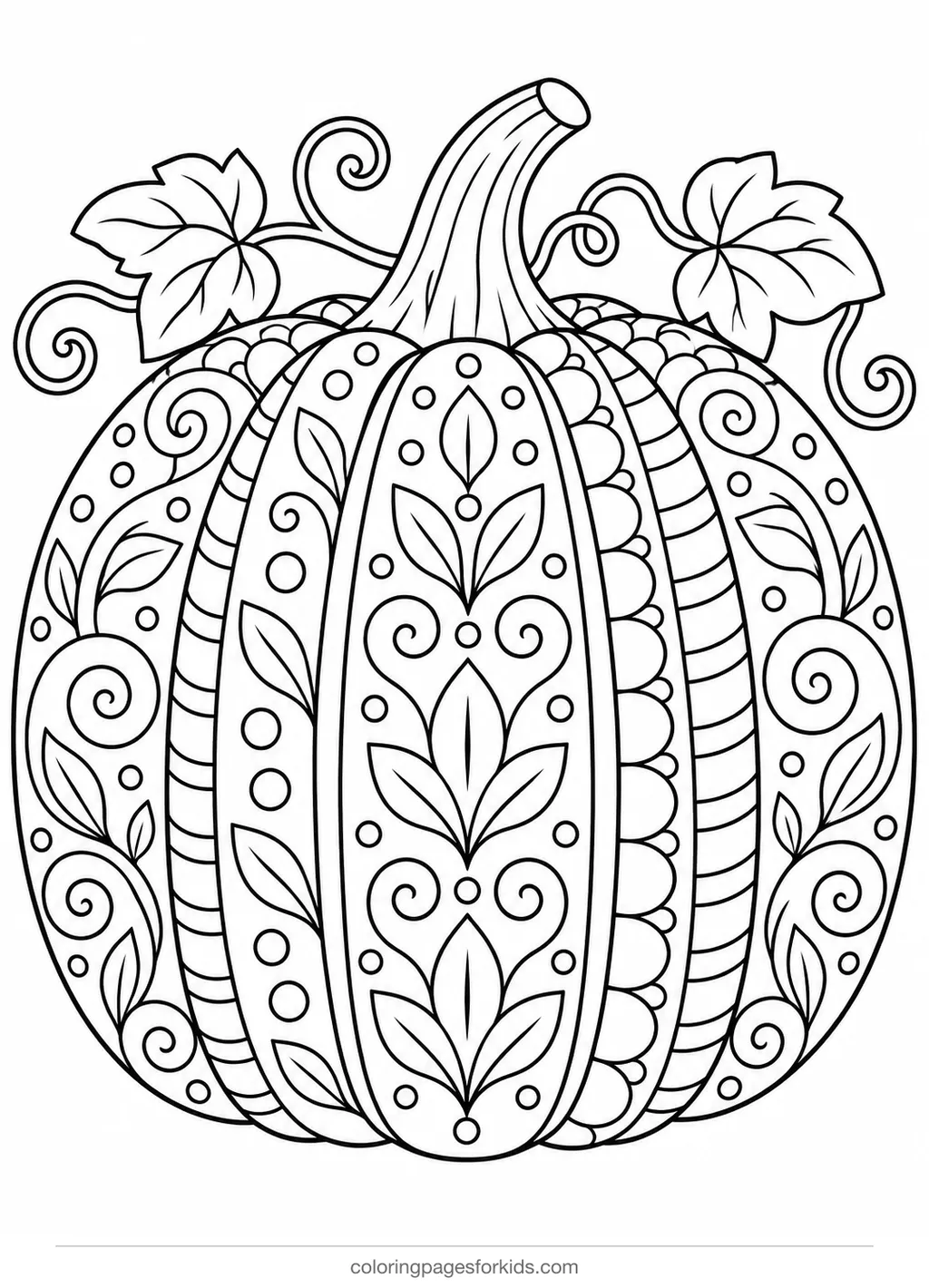 Pumpkin coloring page with detailed swirls and vine patterns, detailed black-and-white printable for ages 7-10