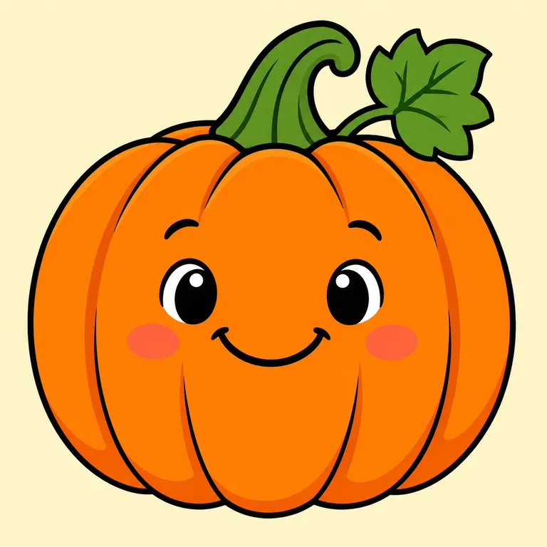 Colored example of a simple cute pumpkin with a stem and leaf for kids