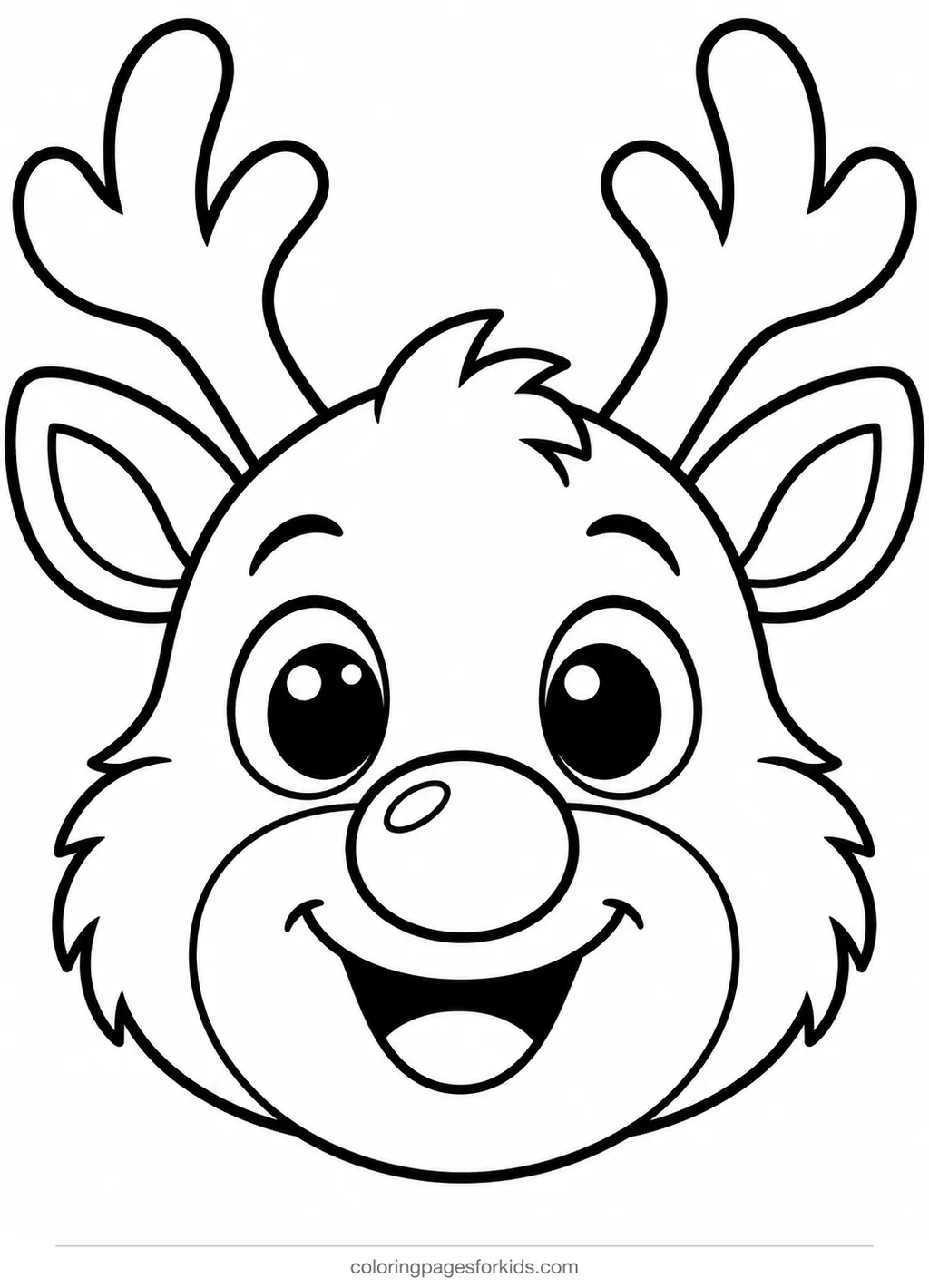 Reindeer coloring page of a smiling face with antlers, easy black-and-white printable for ages 3-5