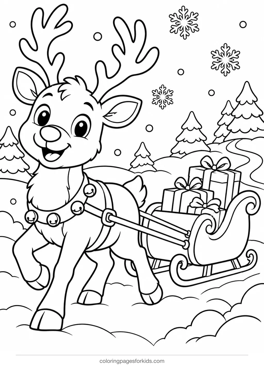 Reindeer coloring page of a reindeer pulling a small sleigh, medium black-and-white printable for ages 5-7