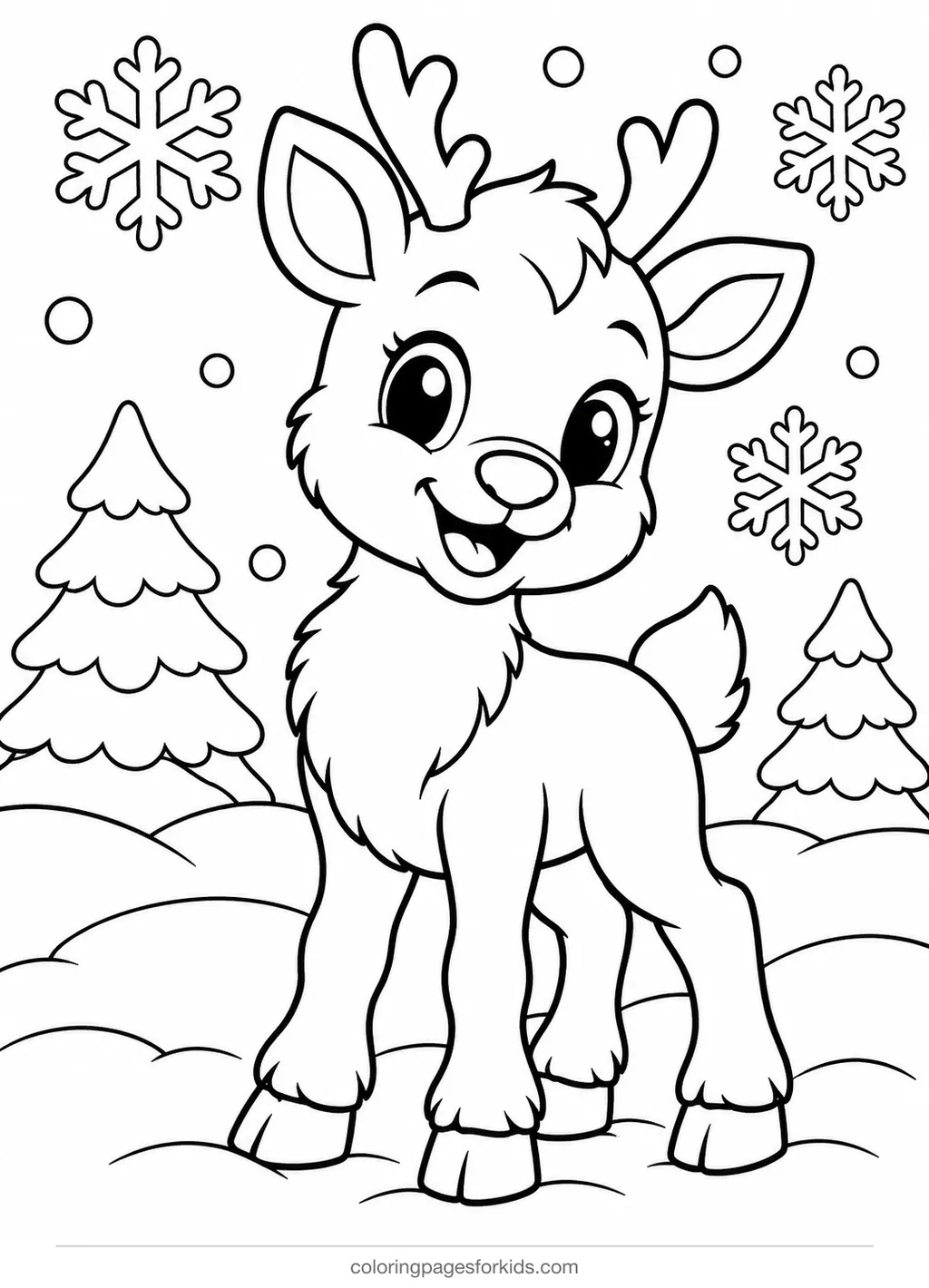 Reindeer coloring page of a baby reindeer in snow, medium black-and-white printable for ages 5-7