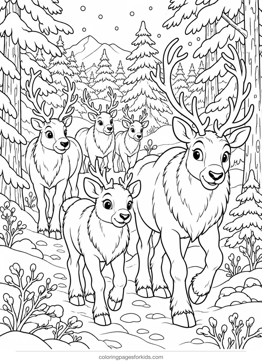 Reindeer coloring page of a herd in a snowy forest, detailed black-and-white printable for ages 7-10