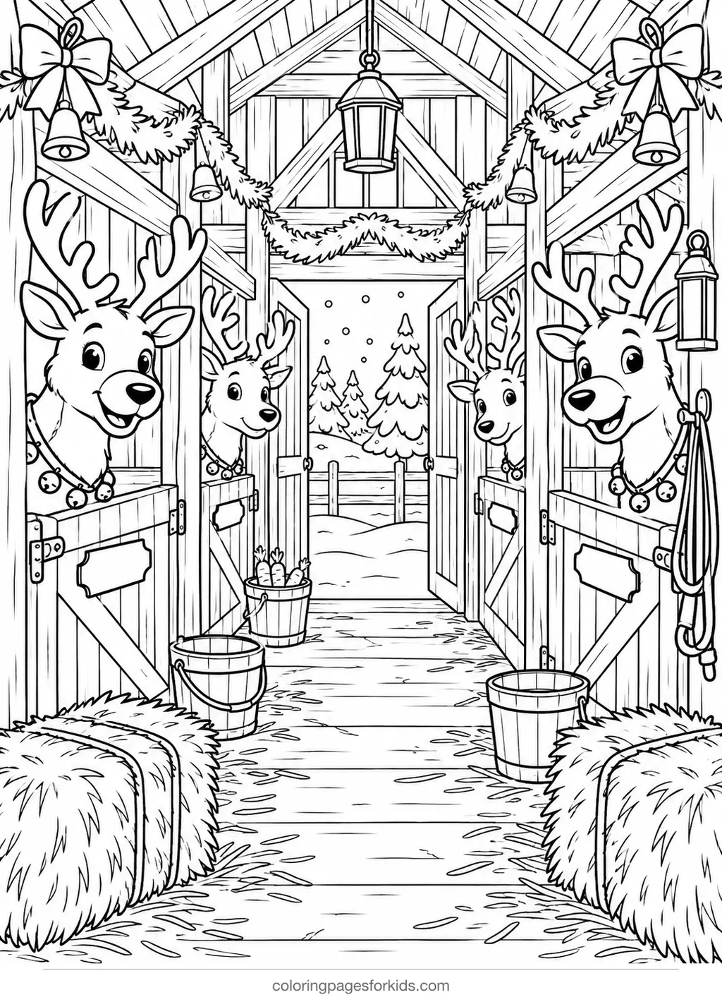 Reindeer coloring page of a cozy stable with reindeer stalls, detailed printable for ages 7-10