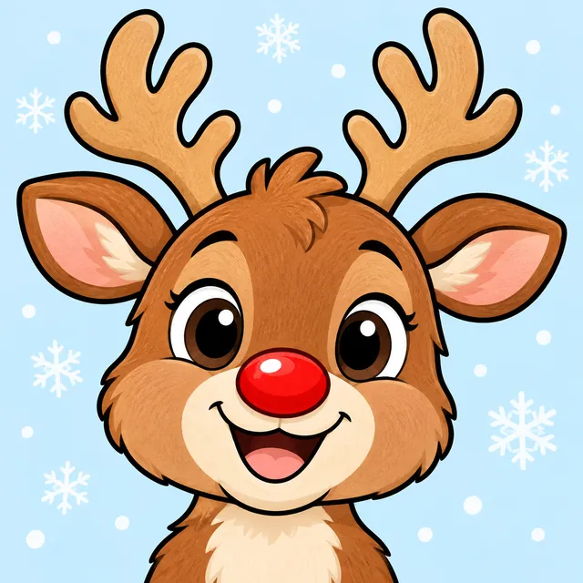 Colored example of a cute reindeer face with antlers and a round red nose.