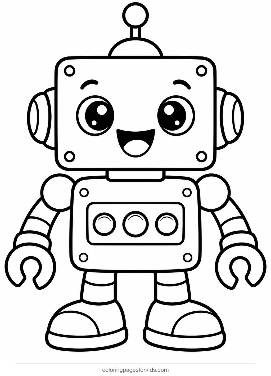 Robot coloring page of a cute box robot with antenna and buttons, easy black-and-white printable for ages 3-5